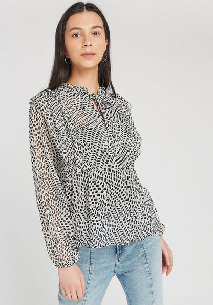 Printed Long Sleeves Top with Ruffle Detail and Necktie