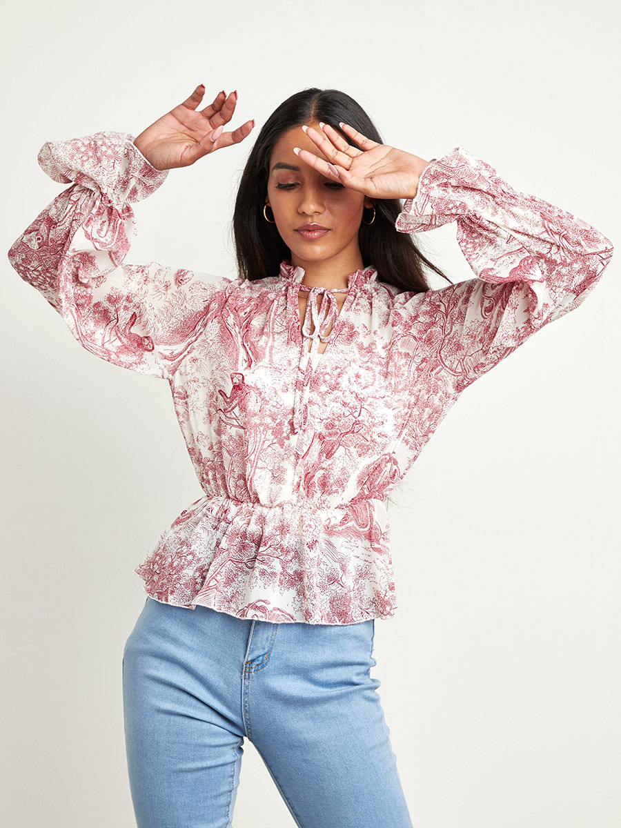 Styli Printed Tie-Up Neck Detail Semi Sheer Blouse-women-clothing-shirtsandblouses-blouses-image-2