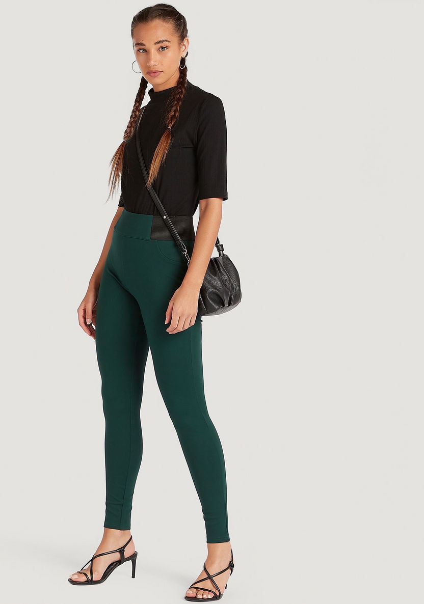 Solid Slim Fit High-Rise Leggings with Elasticated Waistband-Leggings-image-1