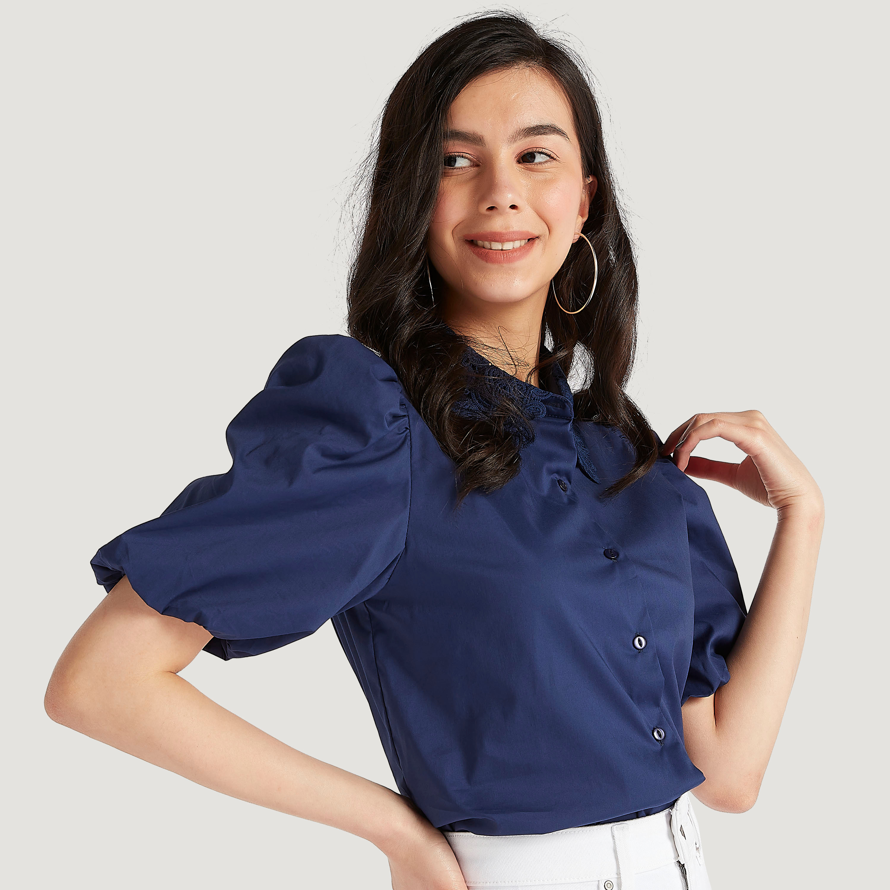Buy Lace Collared Button Up Top with Short Puff Sleeves Online ...