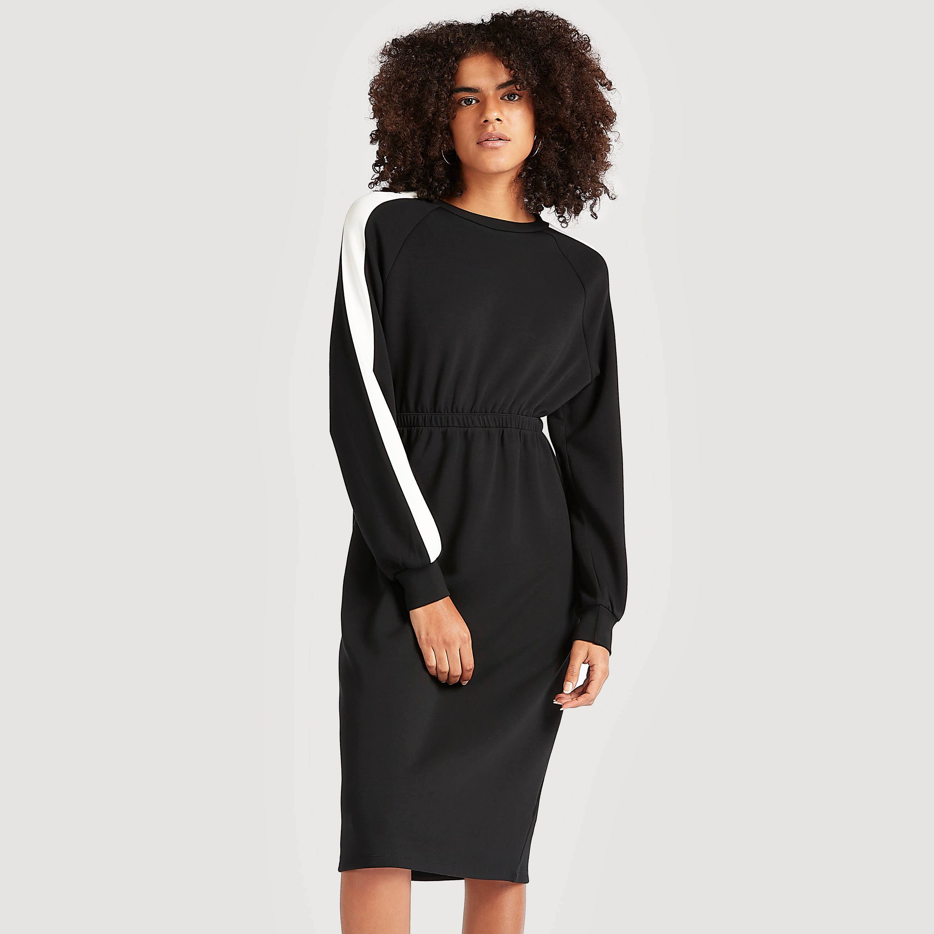 Buy Solid Midi Shift Dress with Long Sleeves and Elasticated Waist Splash Kuwait