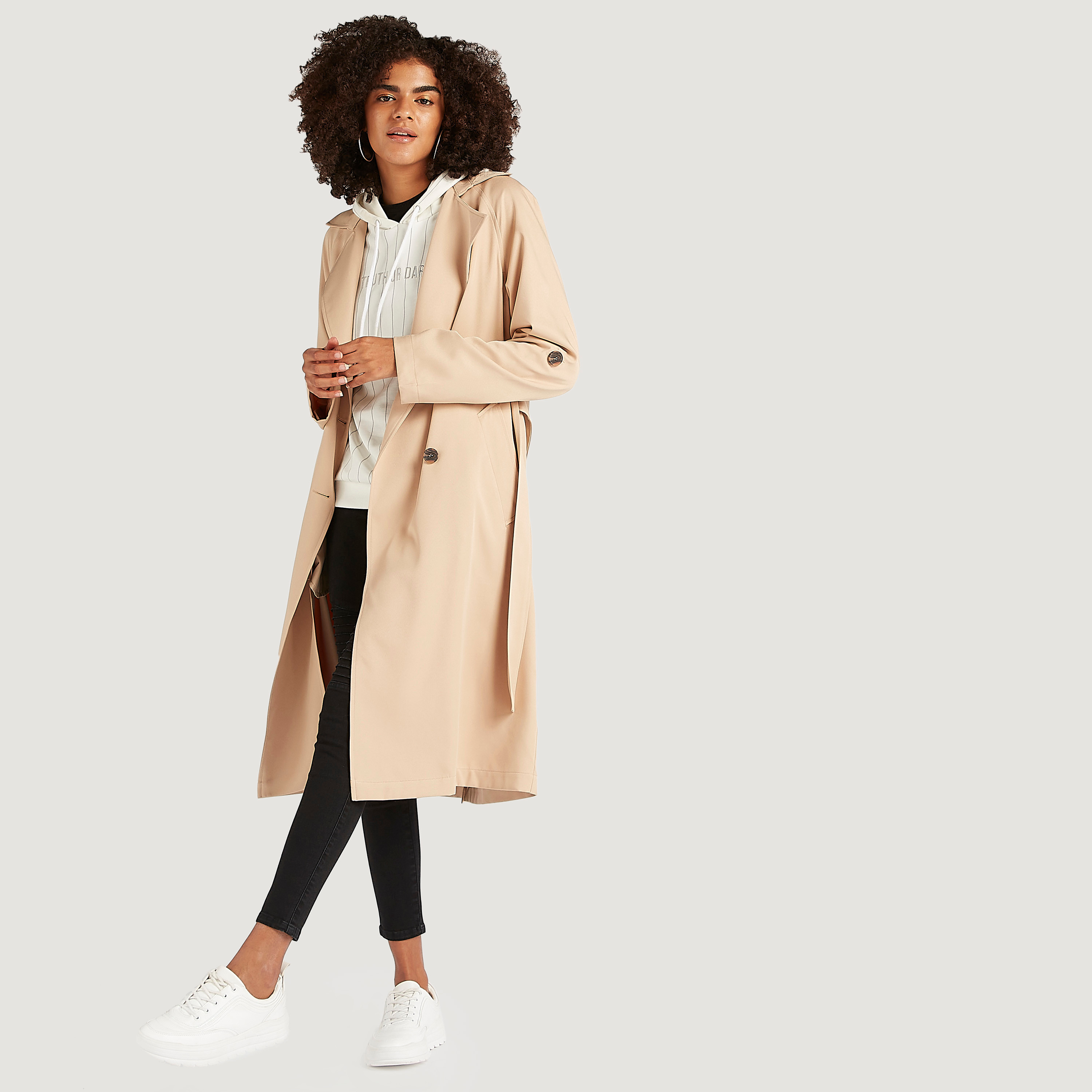 Solid Long Sleeves Trench Coat with Belted Waist and Pockets