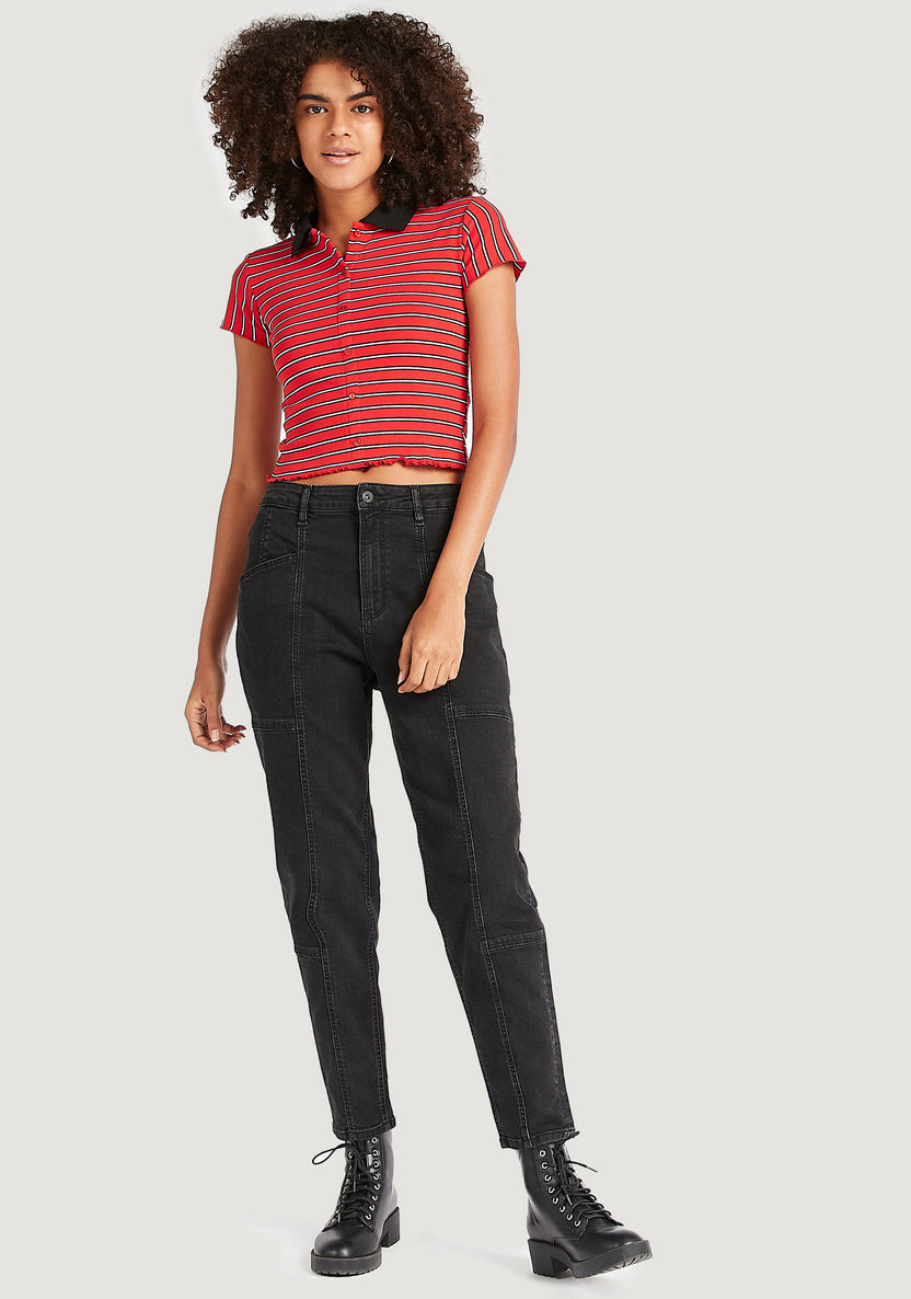 Striped Crop T-shirt with Cap Sleeves and Collar-Polos-image-1