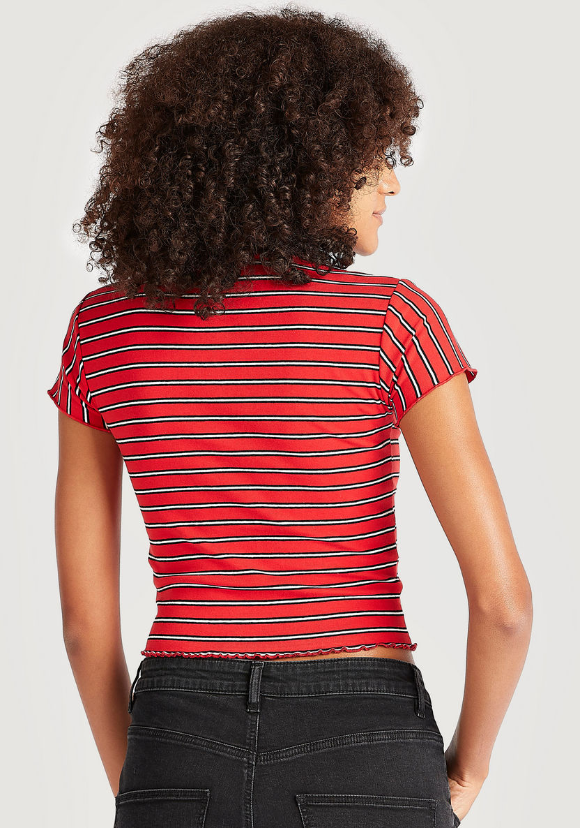 Striped Crop T-shirt with Cap Sleeves and Collar-Polos-image-4