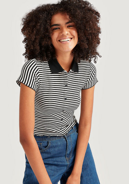 Striped Crop T-shirt with Cap Sleeves and Collar