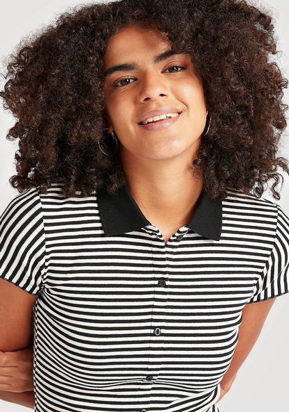 Striped Crop T-shirt with Cap Sleeves and Collar