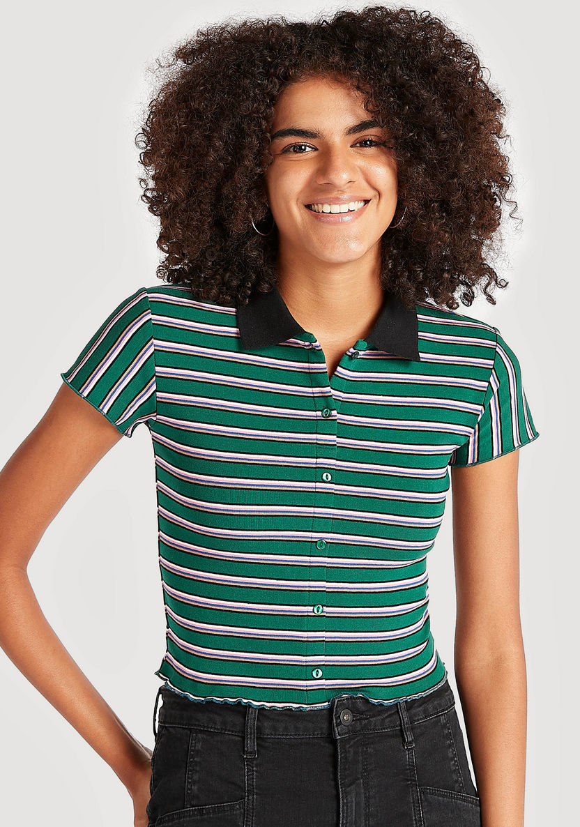 Striped Crop T-shirt with Cap Sleeves and Collar-Polos-image-0