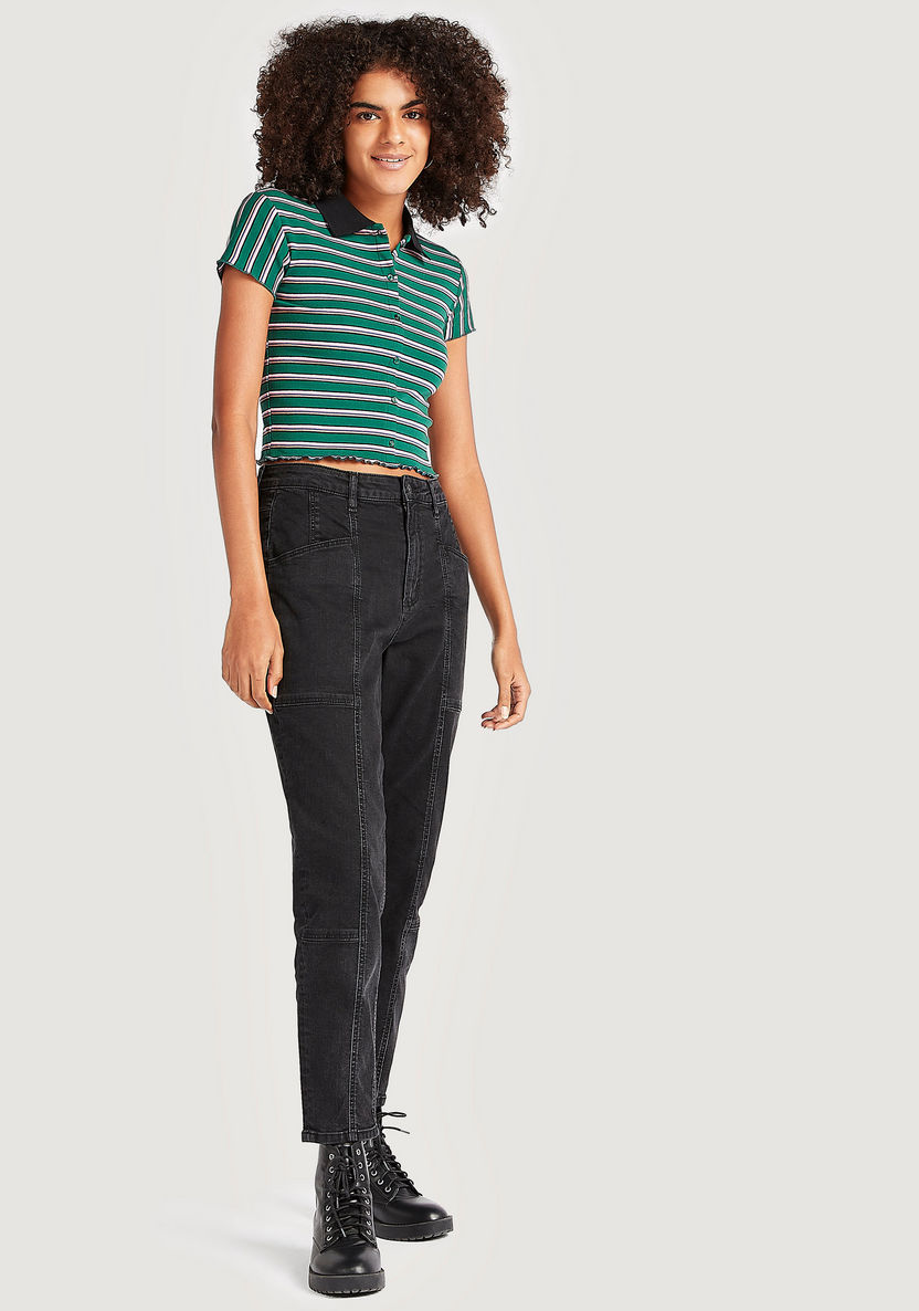 Striped Crop T-shirt with Cap Sleeves and Collar-Polos-image-1