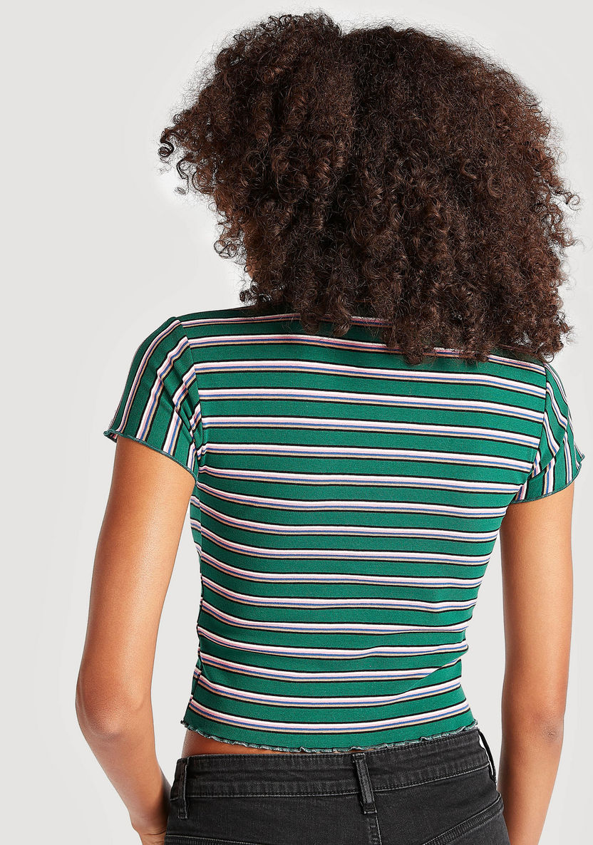 Striped Crop T-shirt with Cap Sleeves and Collar-Polos-image-3