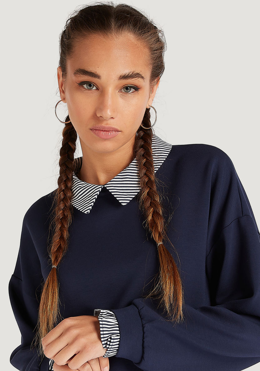 Solid Top with Striped Collar and Long Sleeves-Shirts & Blouses-image-2