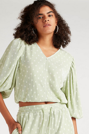 Polka Dotted V-neck Crop Top with 3/4 Sleeves