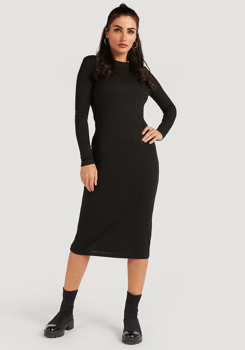 Textured Midi Bodycon Dress with Long Sleeves-Dresses-image-1
