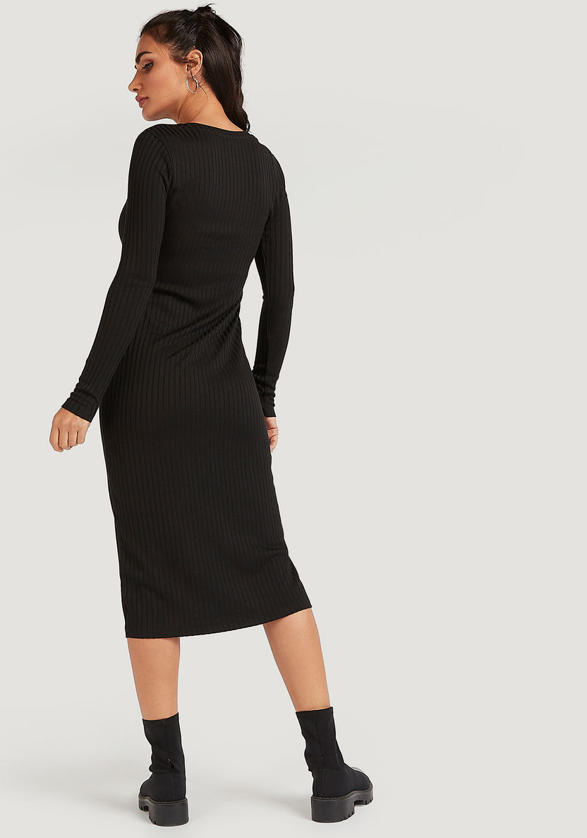 Textured Midi Bodycon Dress with Long Sleeves-Dresses-image-3
