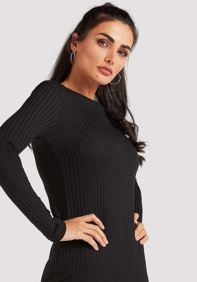 Textured Midi Bodycon Dress with Long Sleeves-Dresses-image-4