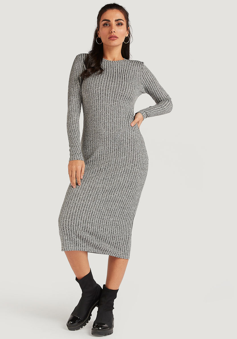 Textured Midi Bodycon Dress with Long Sleeves-Dresses-image-0