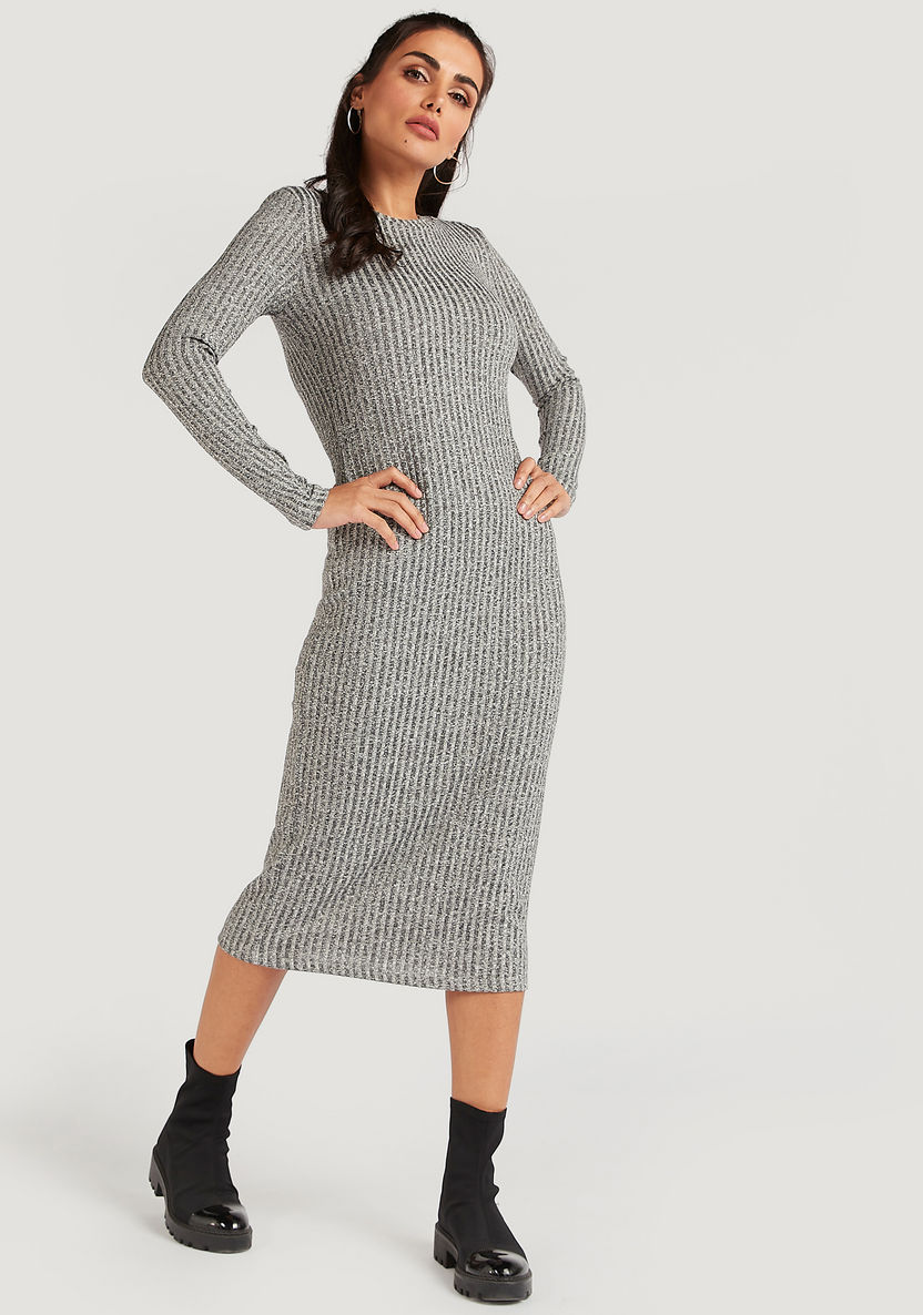 Textured Midi Bodycon Dress with Long Sleeves-Dresses-image-1