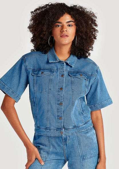 Solid Button Up Denim Jacket with Short Sleeves and Flap Pockets