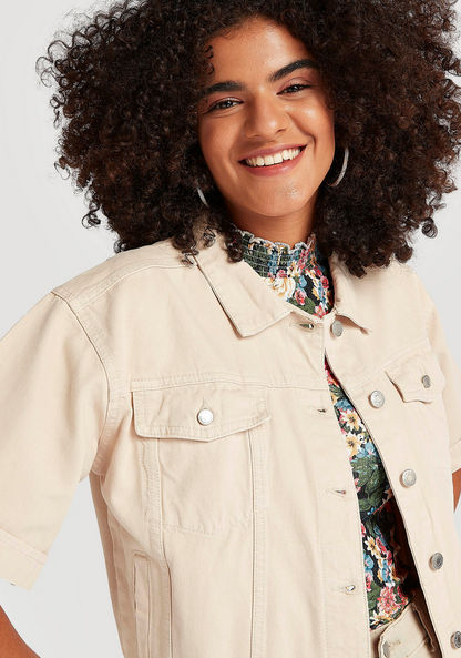 Solid Button Up Denim Jacket with Short Sleeves and Flap Pockets