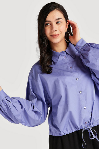 Solid Button Up Shirt with Bishop Sleeves and Drawstring Hem