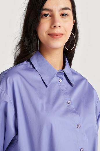 Solid Button Up Shirt with Bishop Sleeves and Drawstring Hem