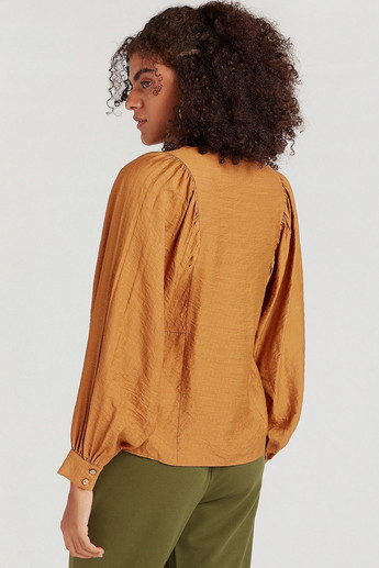 Textured Top with Henley Neck and Bishop Sleeves