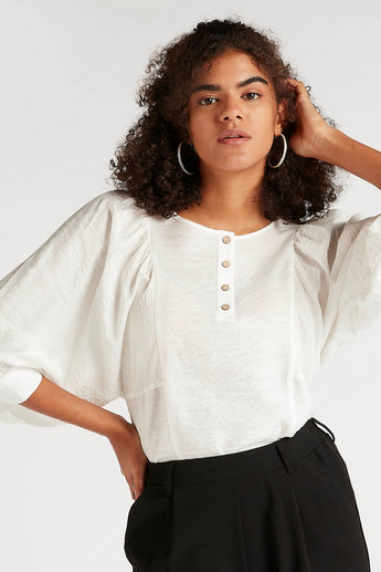Textured Top with Henley Neck and Bishop Sleeves