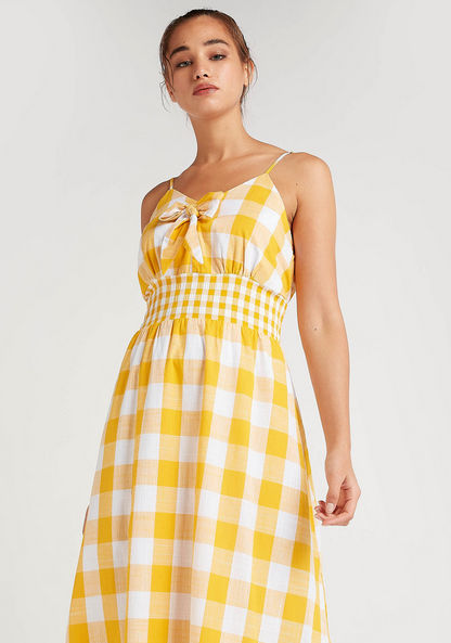 Checked Maxi A-line Dress with Bow Detail and Spaghetti Straps