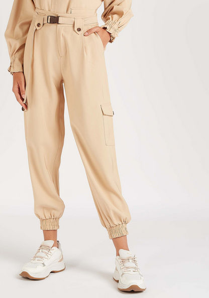 Solid High-Rise Cargo Pants with Belt and Pockets