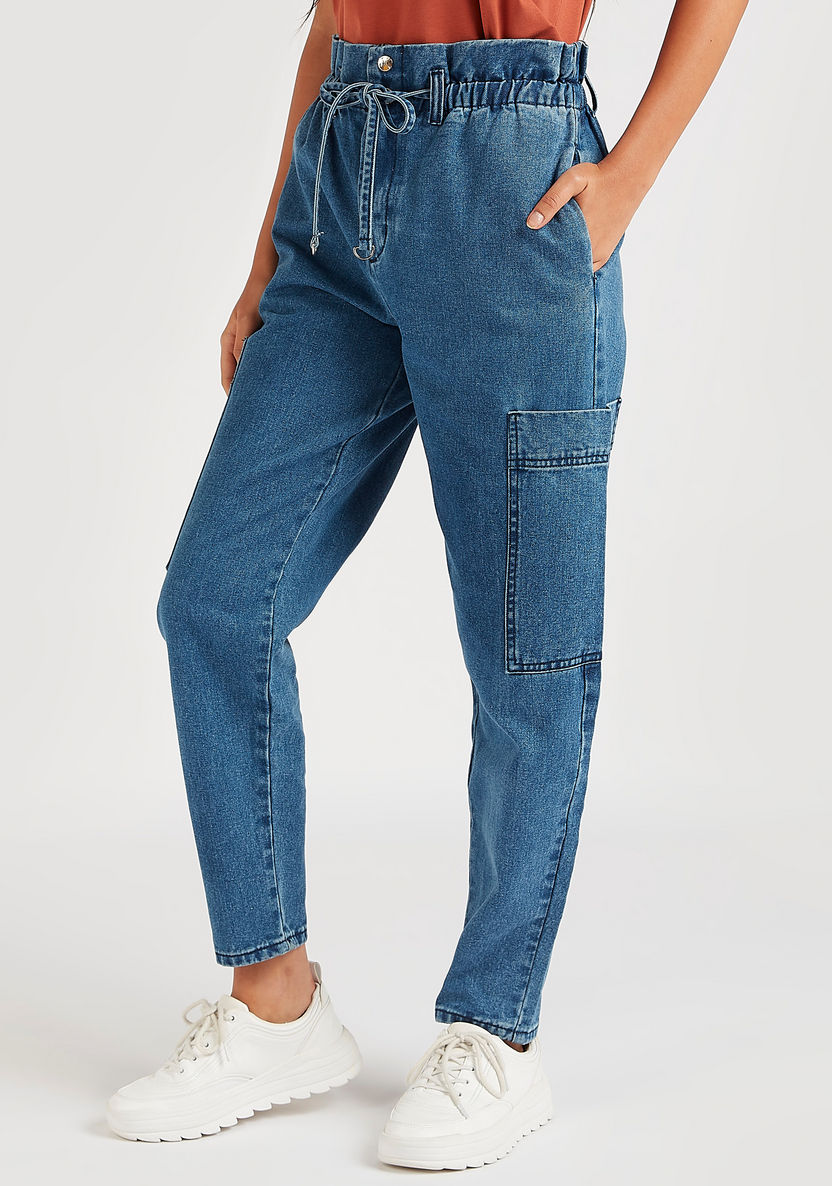 Solid Mid-Rise Denim Pants with Drawstring Closure and Paperbag Waist-Pants-image-0