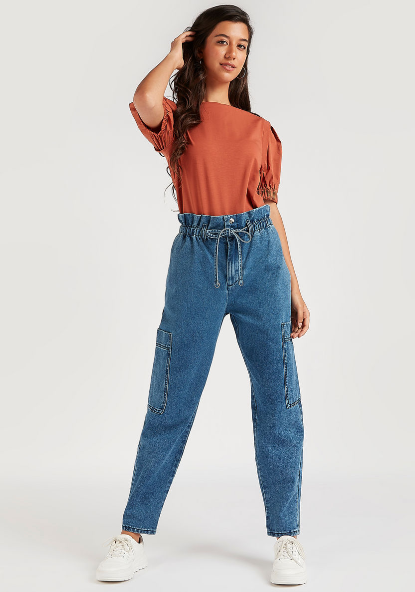 Solid Mid-Rise Denim Pants with Drawstring Closure and Paperbag Waist-Pants-image-1