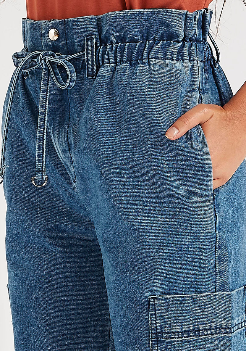 Solid Mid-Rise Denim Pants with Drawstring Closure and Paperbag Waist-Pants-image-2