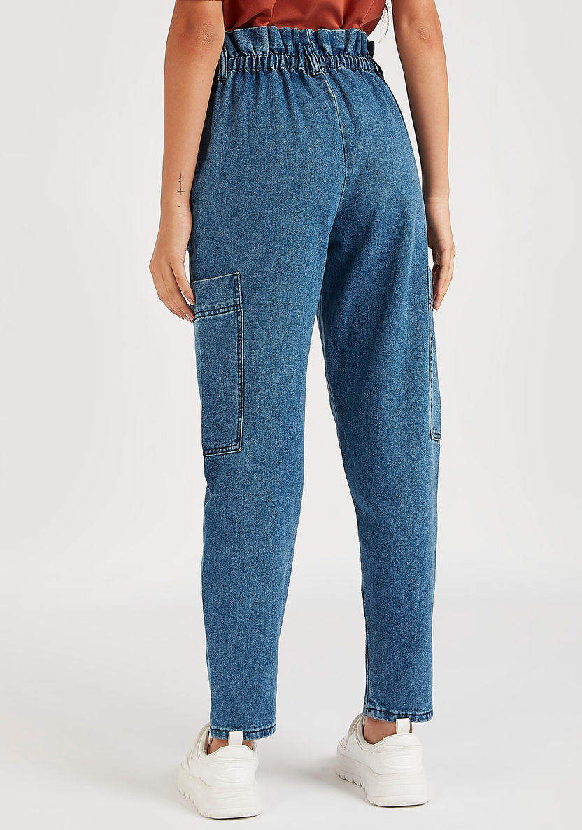Solid Mid-Rise Denim Pants with Drawstring Closure and Paperbag Waist-Pants-image-3
