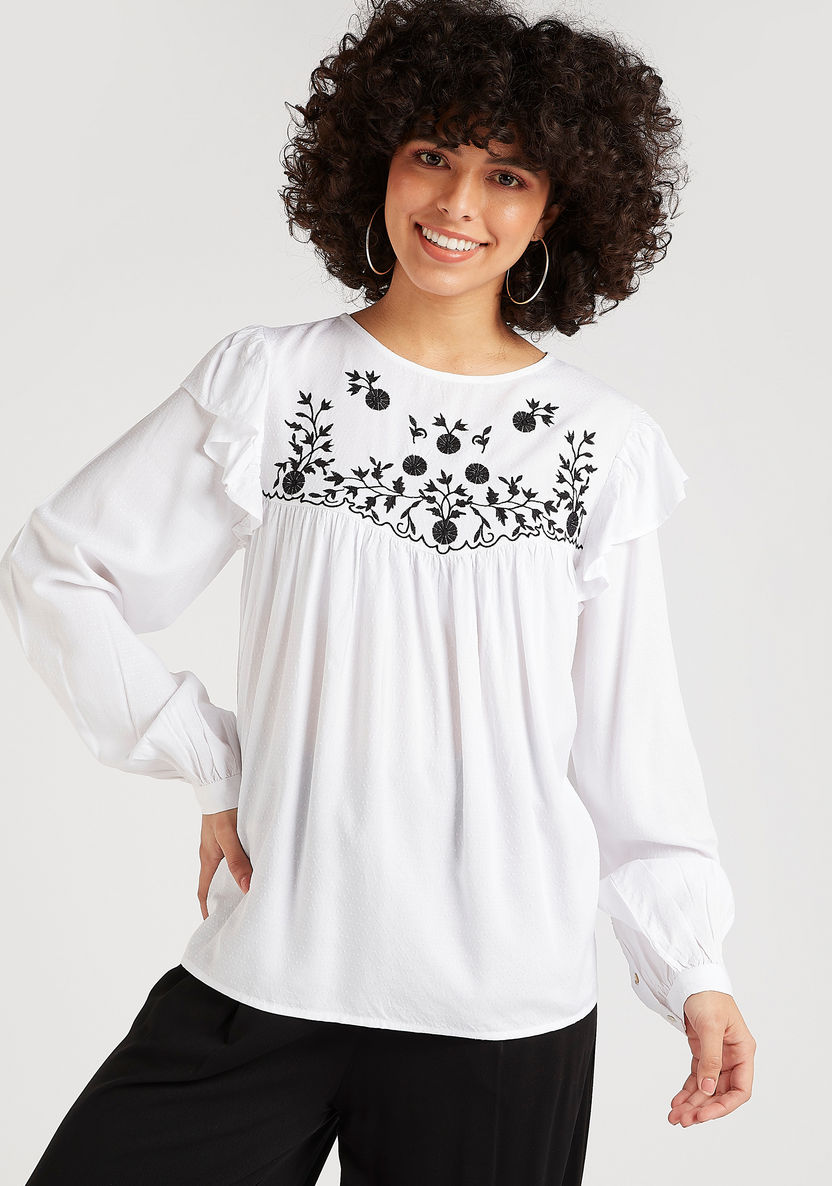 Embroidered Yoke Top with Long Sleeves and Ruffle Detail-Shirts & Blouses-image-0