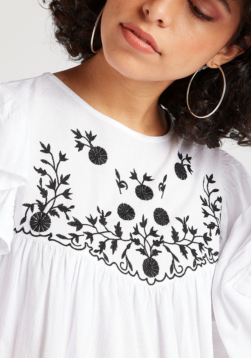 Embroidered Yoke Top with Long Sleeves and Ruffle Detail-Shirts & Blouses-image-2
