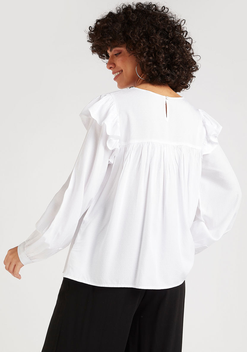 Embroidered Yoke Top with Long Sleeves and Ruffle Detail-Shirts & Blouses-image-3