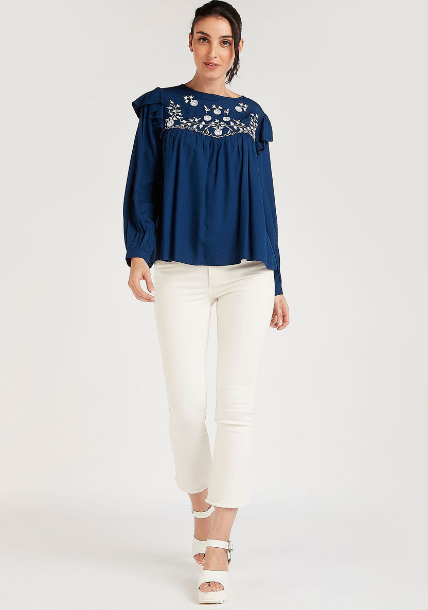 Embroidered Yoke Top with Long Sleeves and Ruffle Detail-Shirts & Blouses-image-1