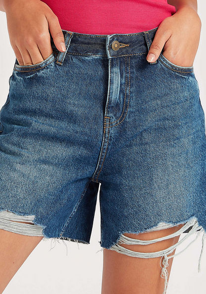 Ripped Mid-Rise Denim Shorts with Pockets and Button Closure