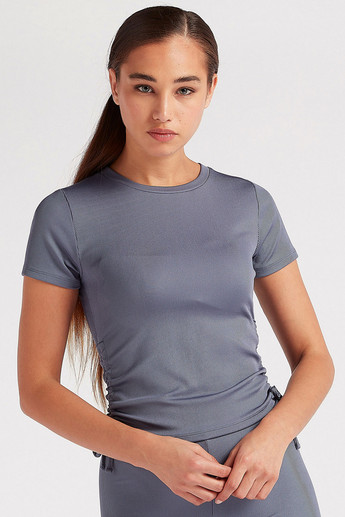 Textured Crew Neck T-shirt with Short Sleeves and Drawstring Detail
