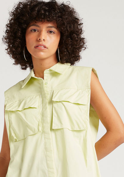 Solid Longline Sleeveless Shirt with Flap Pockets