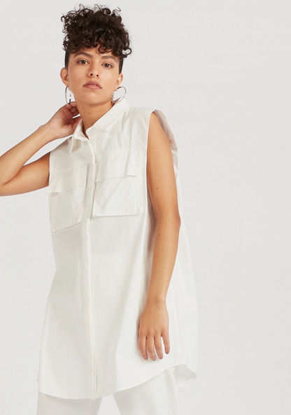 Solid Longline Sleeveless Shirt with Flap Pockets