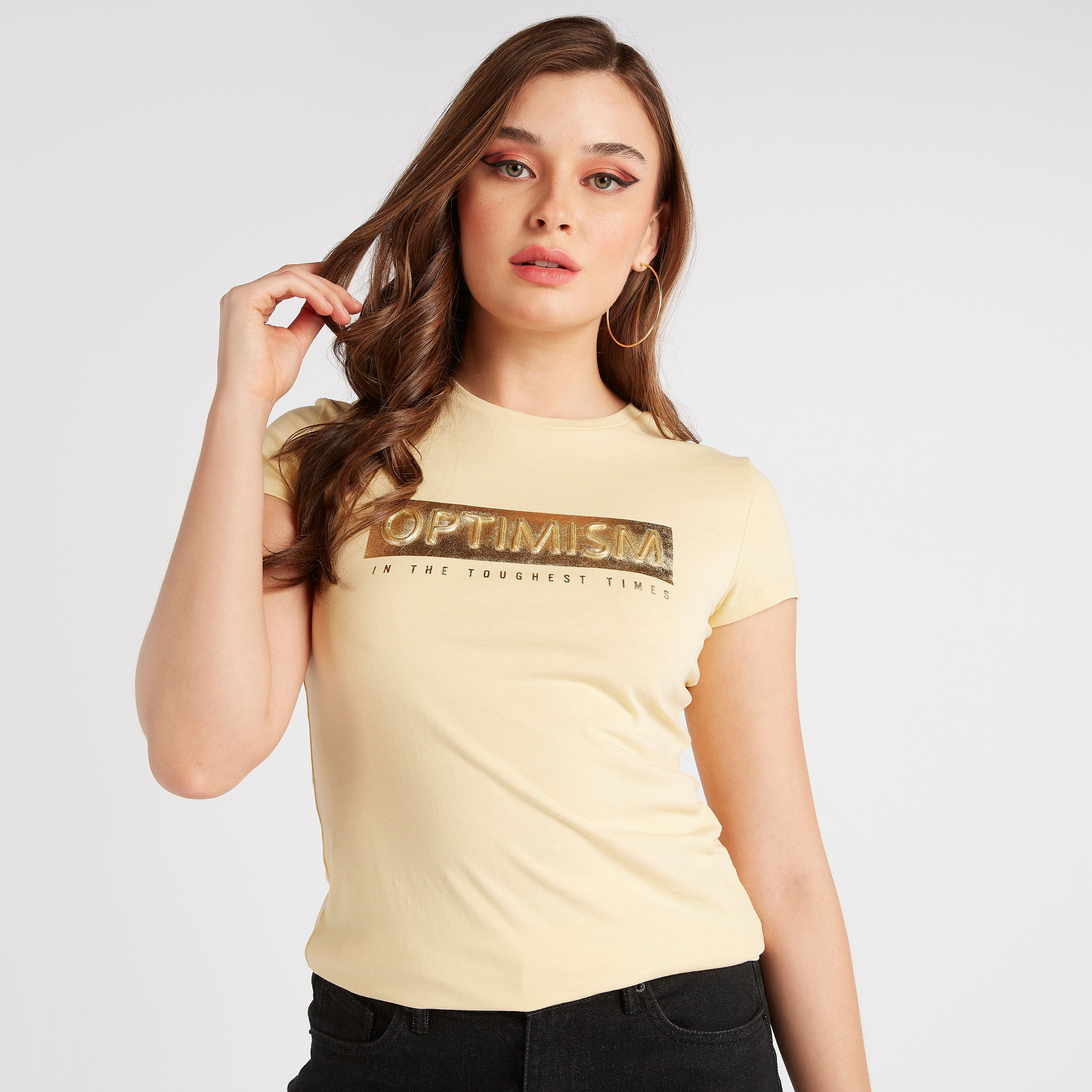 Typographic Print Crew Neck T-shirt with Cap Sleeves-women-clothing-tshirts-image-1
