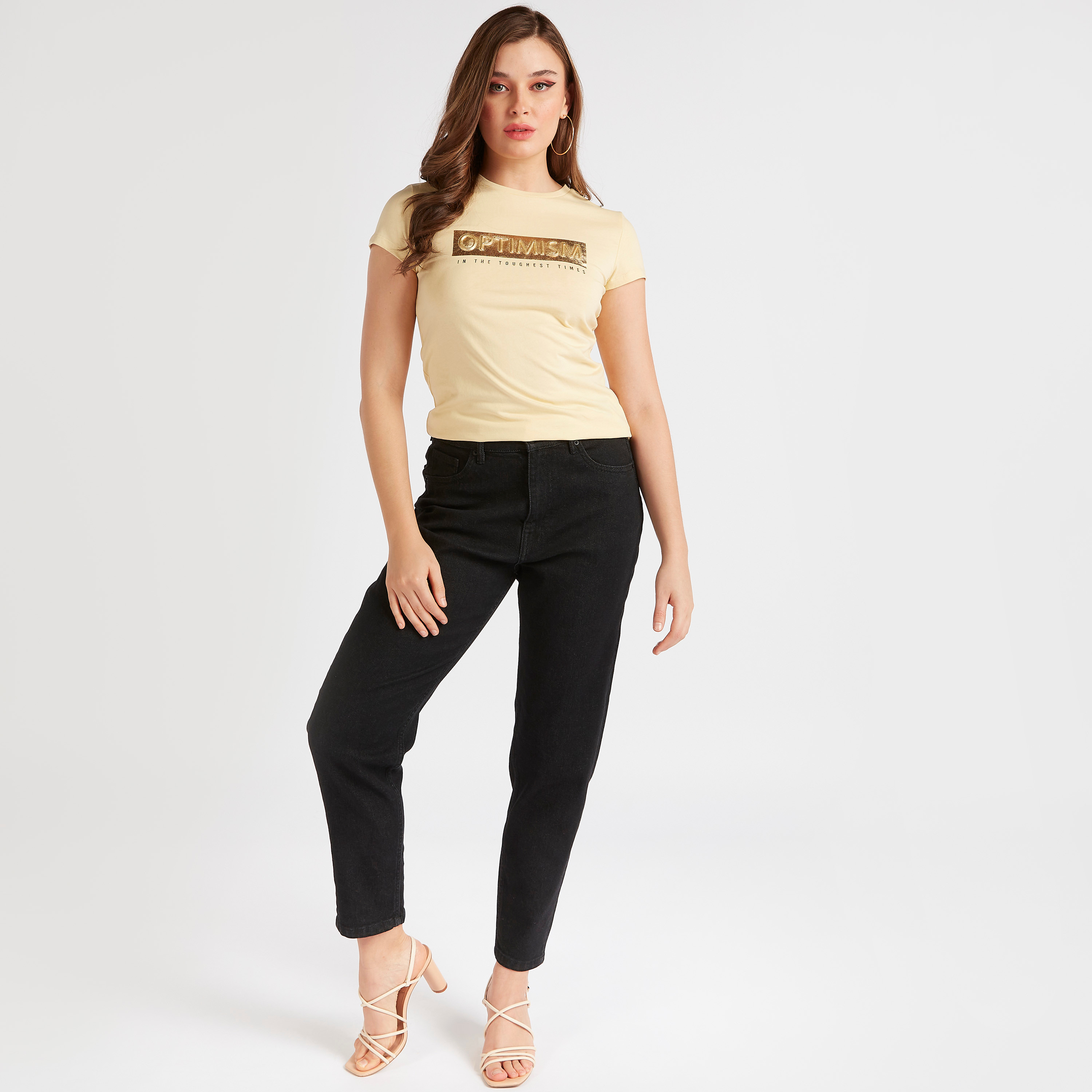 Typographic Print Crew Neck T-shirt with Cap Sleeves-women-clothing-tshirts-image-2