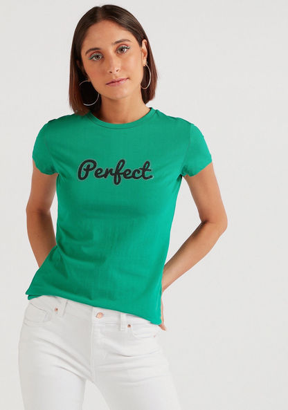 Text Print Crew Neck T-shirt with Cap Sleeves