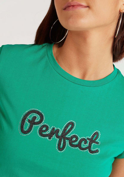 Text Print Crew Neck T-shirt with Cap Sleeves