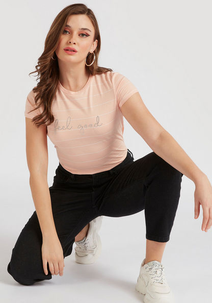 Embellished Crew Neck T-shirt with Cap Sleeves