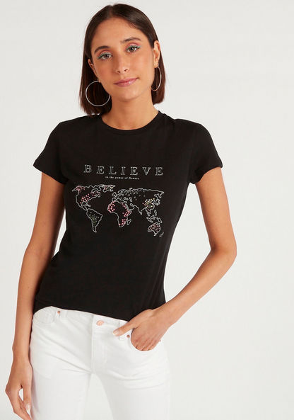 Graphic Print Crew Neck T-shirt with Cap Sleeves