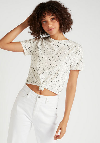 All-Over Print Crew Neck T-shirt with Knot Detail