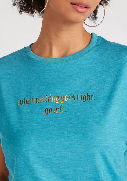 Slogan Print T-shirt with Cap Sleeves and Drawstring Hem