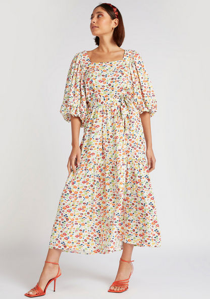 Floral Print Midi A-line Dress with Balloon Sleeves