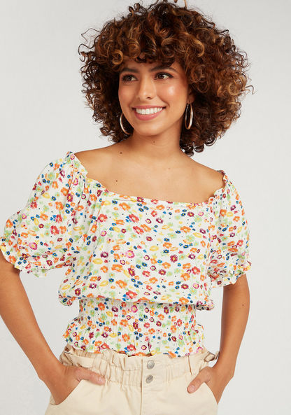 Floral Print Crop Top with Boat Neck and Smocking Detail